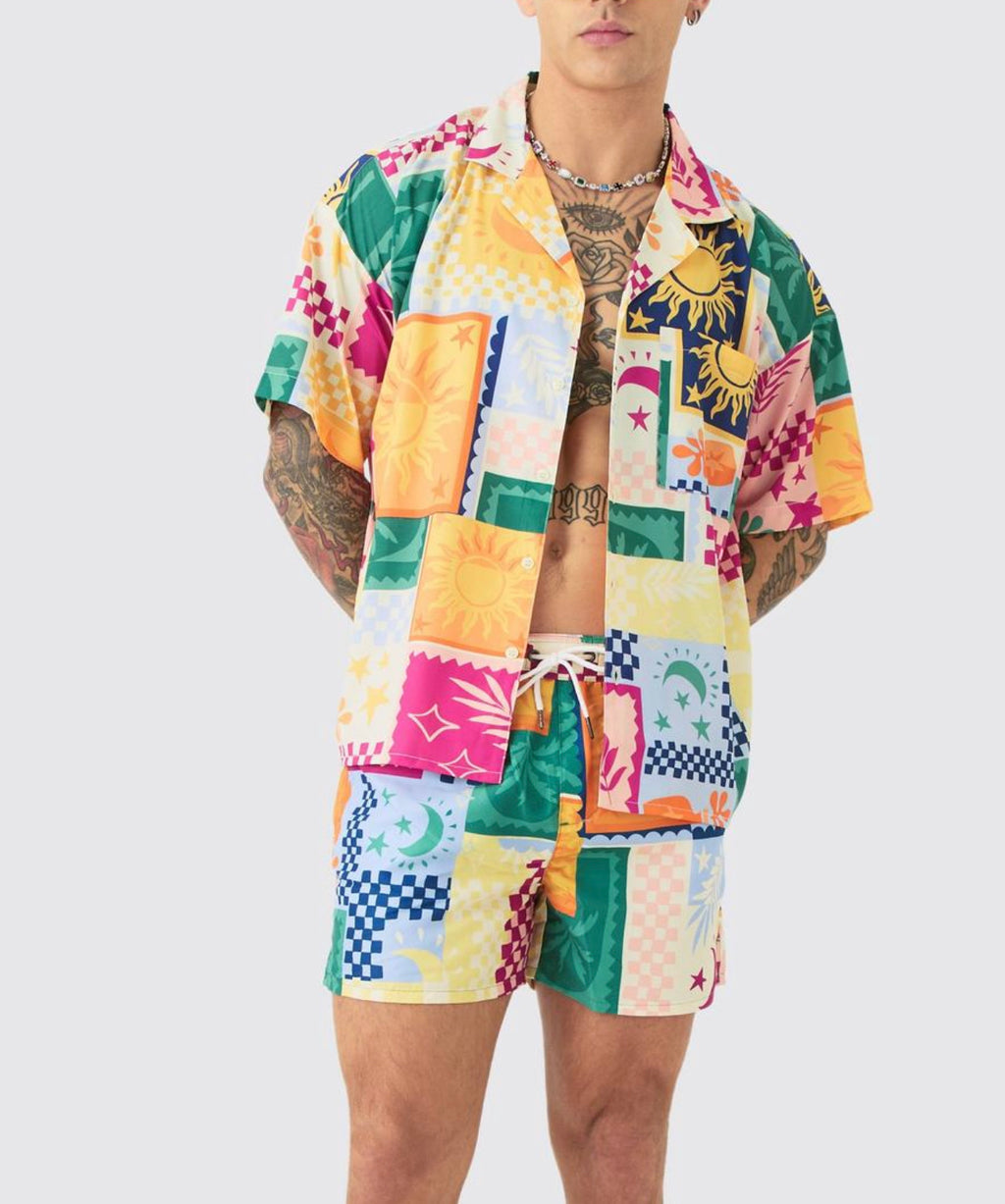 Palm Tree Tile Shirt & Swim Shorts Set