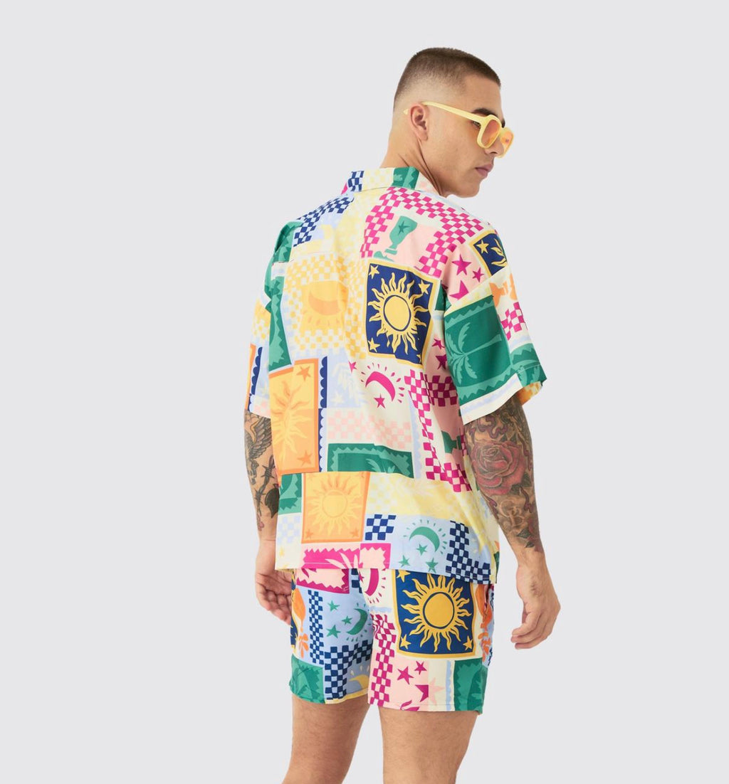 Palm Tree Tile Shirt & Swim Shorts Set