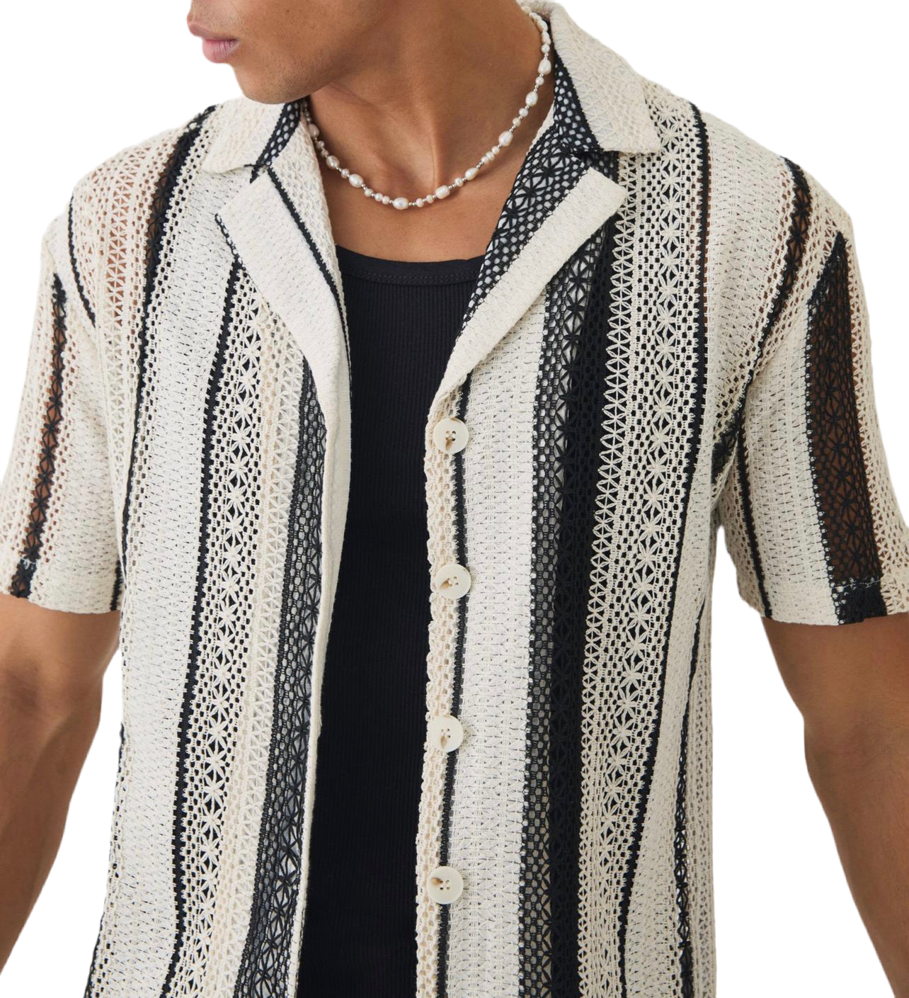 MAN - Open wave Stripe Crochet Shirt