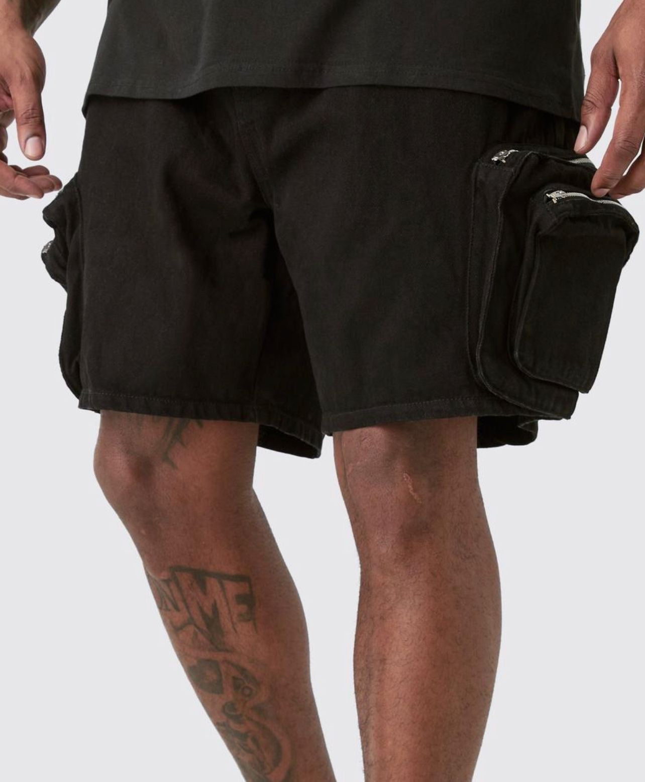 Plus Slim Fit 3d Cargo Pocket Denim Short- Black