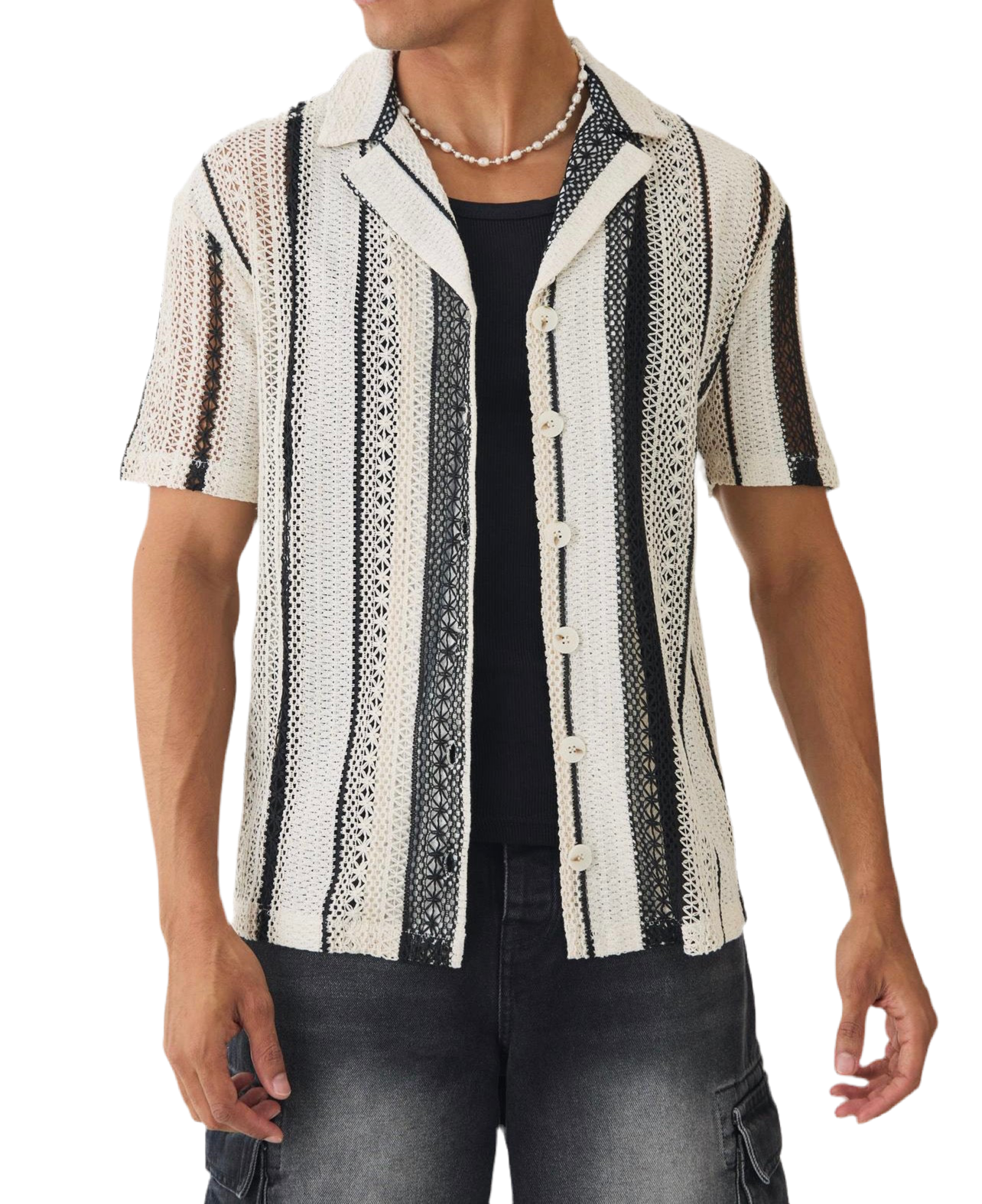 MAN - Open wave Stripe Crochet Shirt