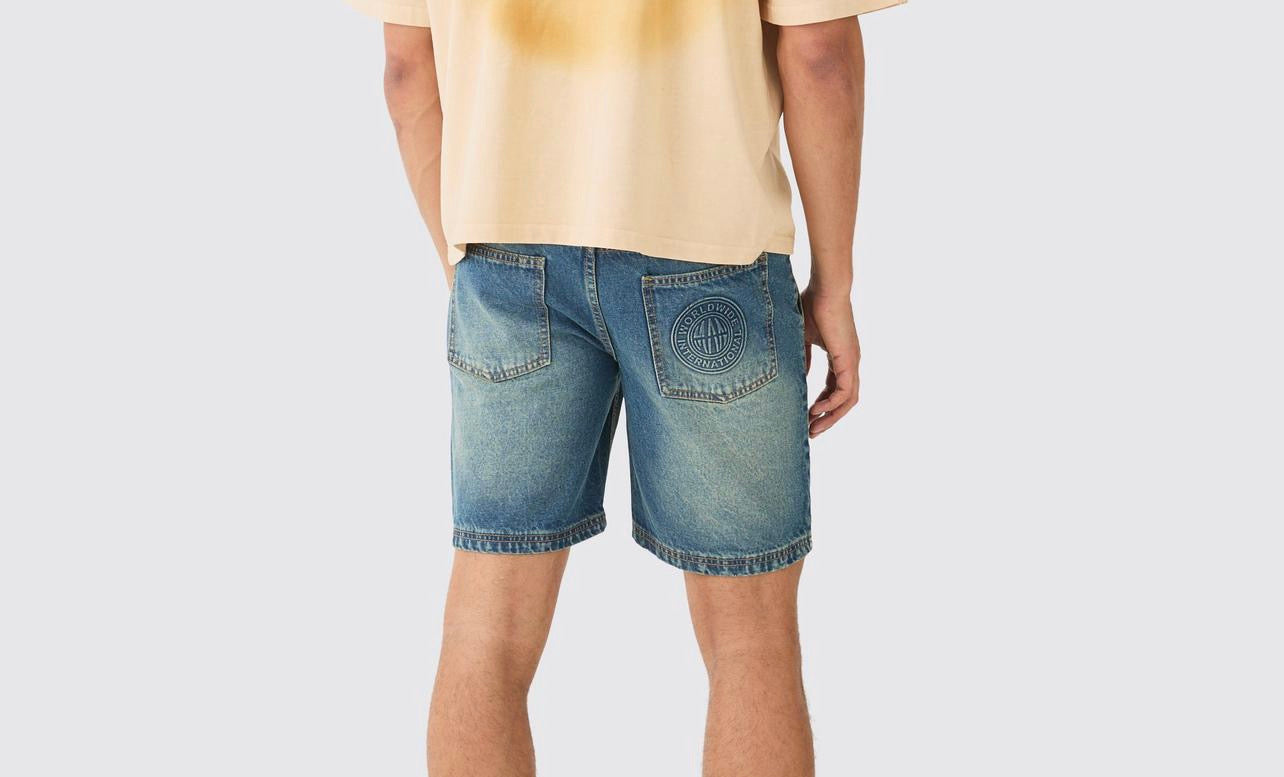 Man - Slim Rigid Embossed Denim Shorts