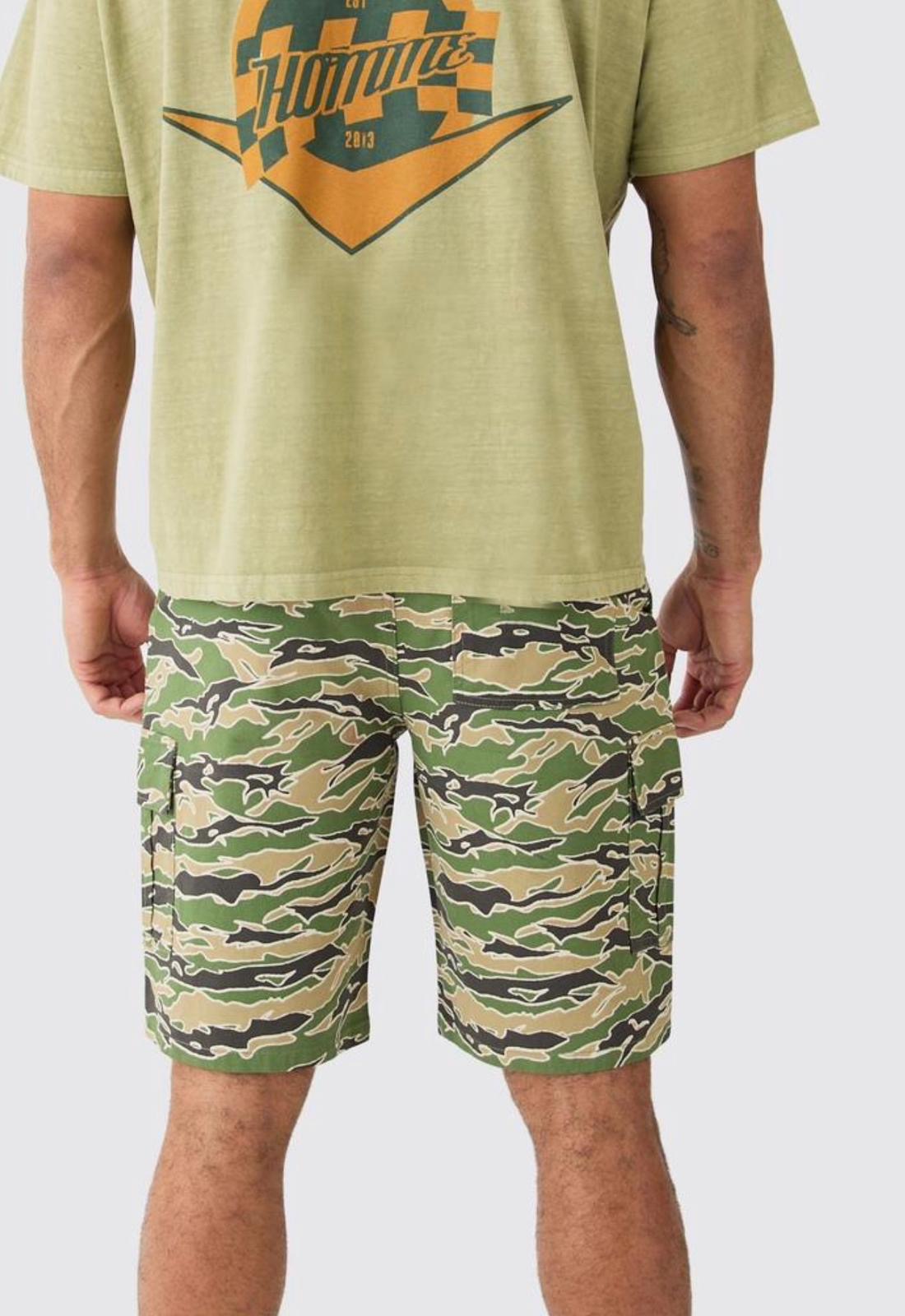 Camo Fixed Waist Relaxed Cargo Short - Khaki